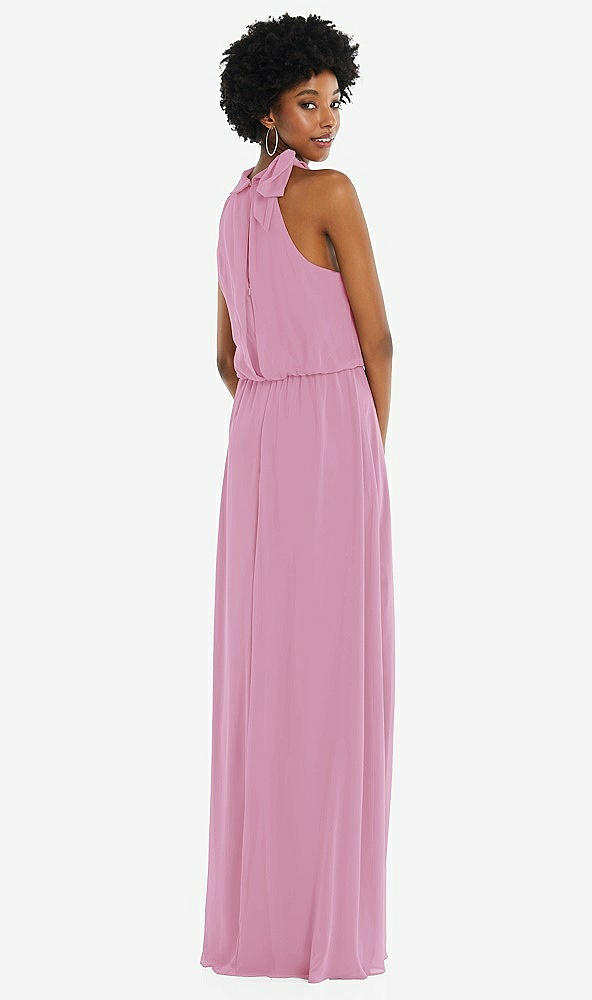 Back View - Powder Pink Scarf Tie High Neck Blouson Bodice Maxi Dress with Front Slit