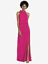 Front View Thumbnail - Think Pink Scarf Tie High Neck Blouson Bodice Maxi Dress with Front Slit