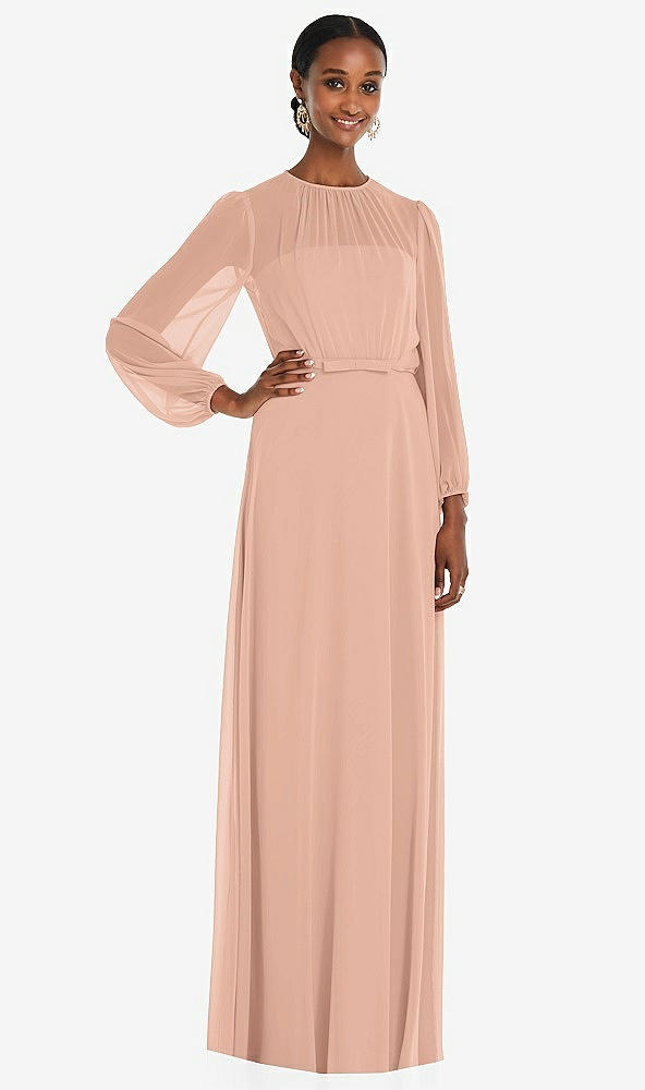 Front View - Pale Peach Strapless Chiffon Maxi Dress with Puff Sleeve Blouson Overlay 