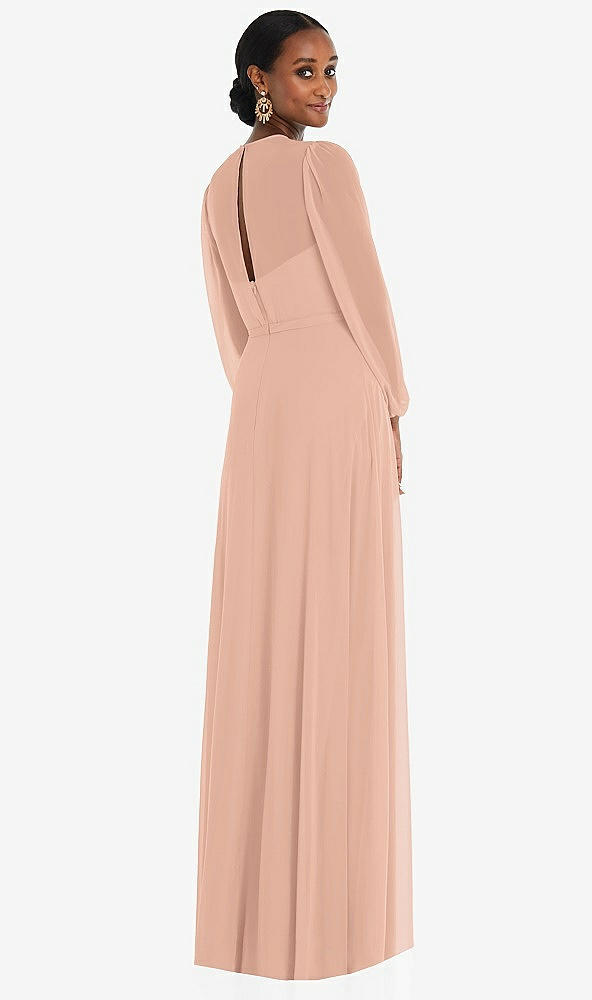 Back View - Pale Peach Strapless Chiffon Maxi Dress with Puff Sleeve Blouson Overlay 