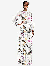 Front View Thumbnail - Butterfly Botanica Ivory Strapless Chiffon Maxi Dress with Puff Sleeve Blouson Overlay 