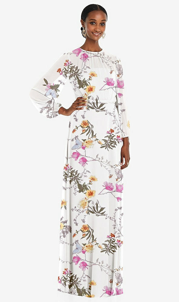 Front View - Butterfly Botanica Ivory Strapless Chiffon Maxi Dress with Puff Sleeve Blouson Overlay 