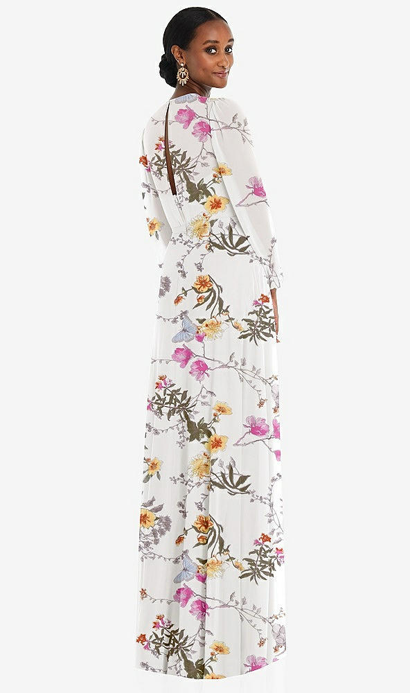 Back View - Butterfly Botanica Ivory Strapless Chiffon Maxi Dress with Puff Sleeve Blouson Overlay 
