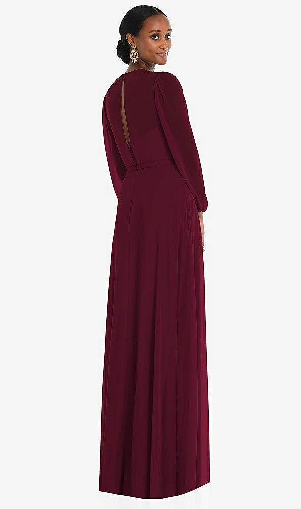 Back View - Cabernet Strapless Chiffon Maxi Dress with Puff Sleeve Blouson Overlay 