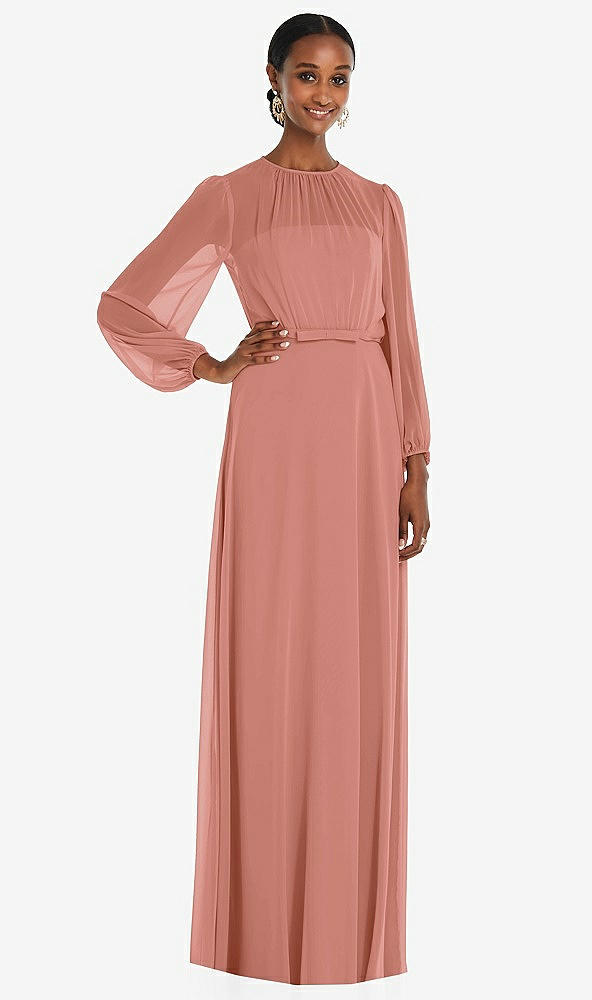 Front View - Desert Rose Strapless Chiffon Maxi Dress with Puff Sleeve Blouson Overlay 