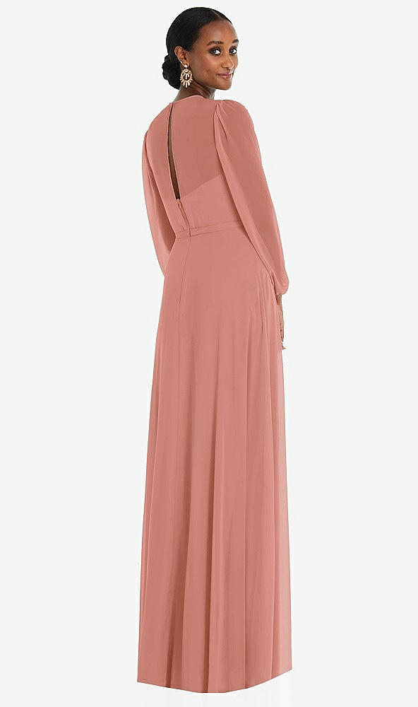 Back View - Desert Rose Strapless Chiffon Maxi Dress with Puff Sleeve Blouson Overlay 