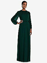 Front View Thumbnail - Evergreen Strapless Chiffon Maxi Dress with Puff Sleeve Blouson Overlay 