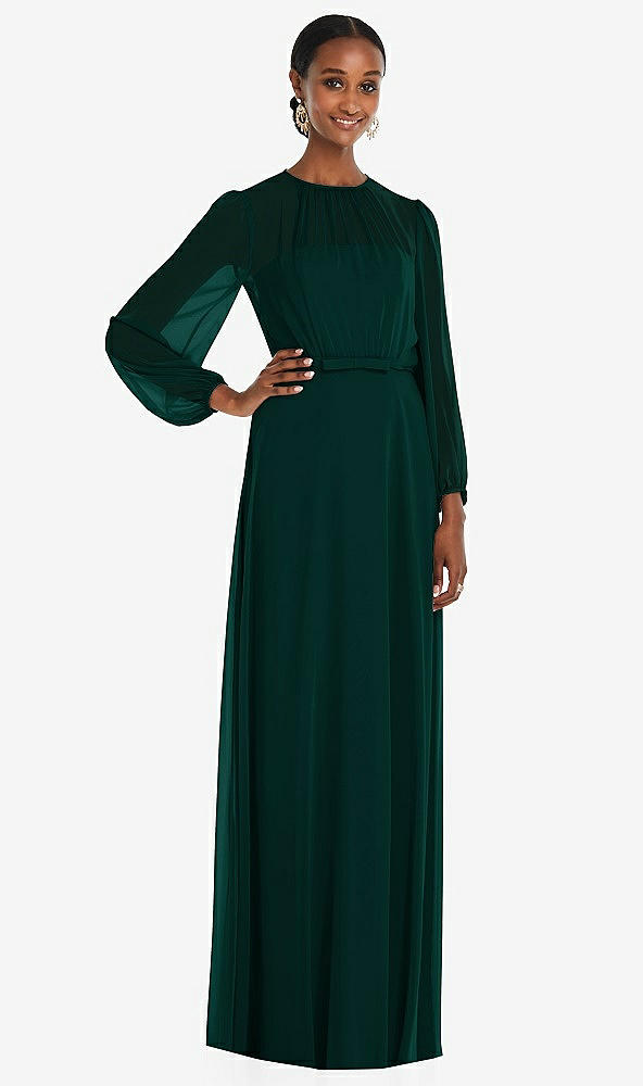 Front View - Evergreen Strapless Chiffon Maxi Dress with Puff Sleeve Blouson Overlay 