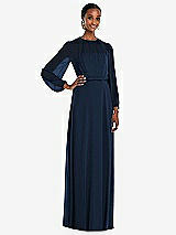 Front View Thumbnail - Midnight Navy Strapless Chiffon Maxi Dress with Puff Sleeve Blouson Overlay 