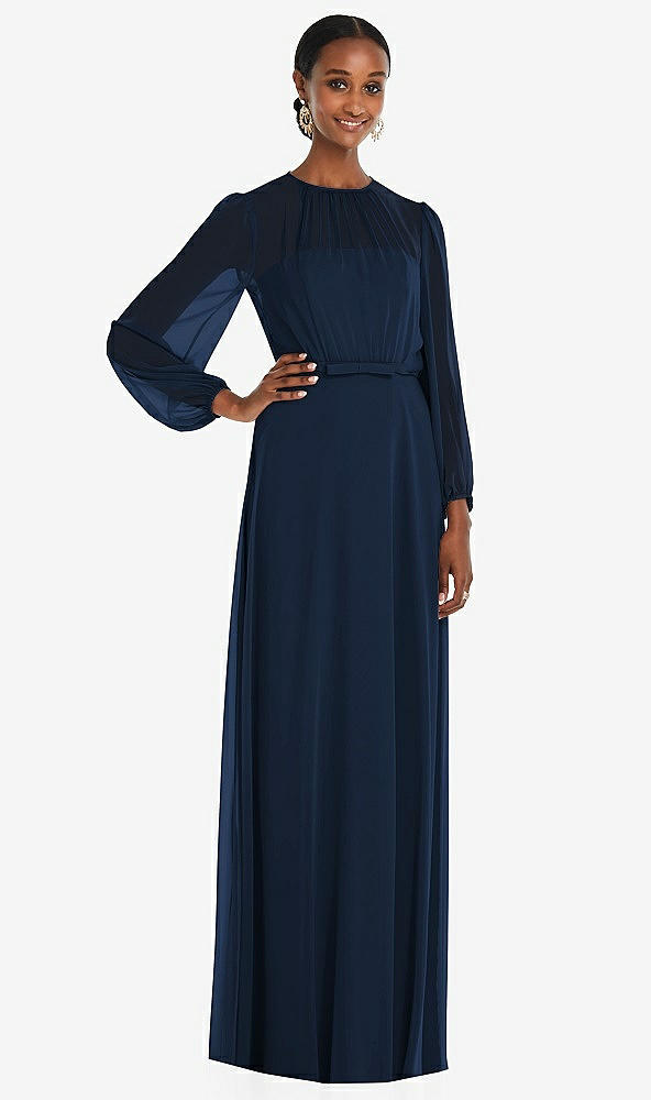 Front View - Midnight Navy Strapless Chiffon Maxi Dress with Puff Sleeve Blouson Overlay 