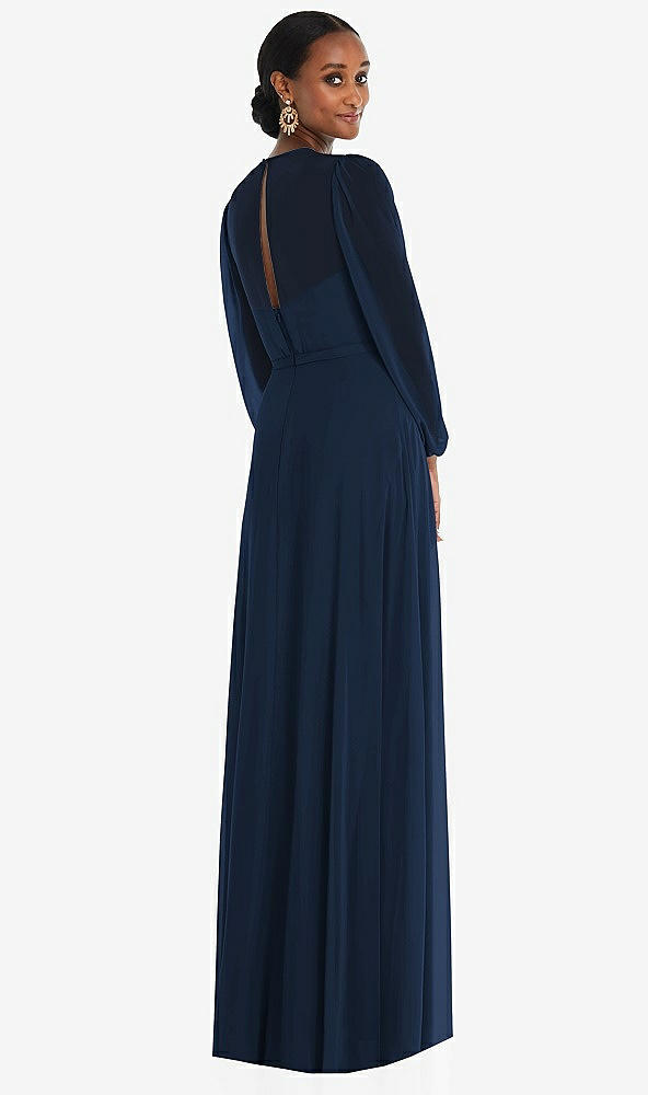 Back View - Midnight Navy Strapless Chiffon Maxi Dress with Puff Sleeve Blouson Overlay 
