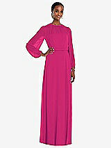 Front View Thumbnail - Think Pink Strapless Chiffon Maxi Dress with Puff Sleeve Blouson Overlay 