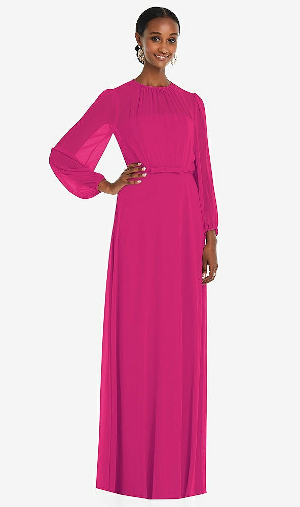 Front View - Think Pink Strapless Chiffon Maxi Dress with Puff Sleeve Blouson Overlay 