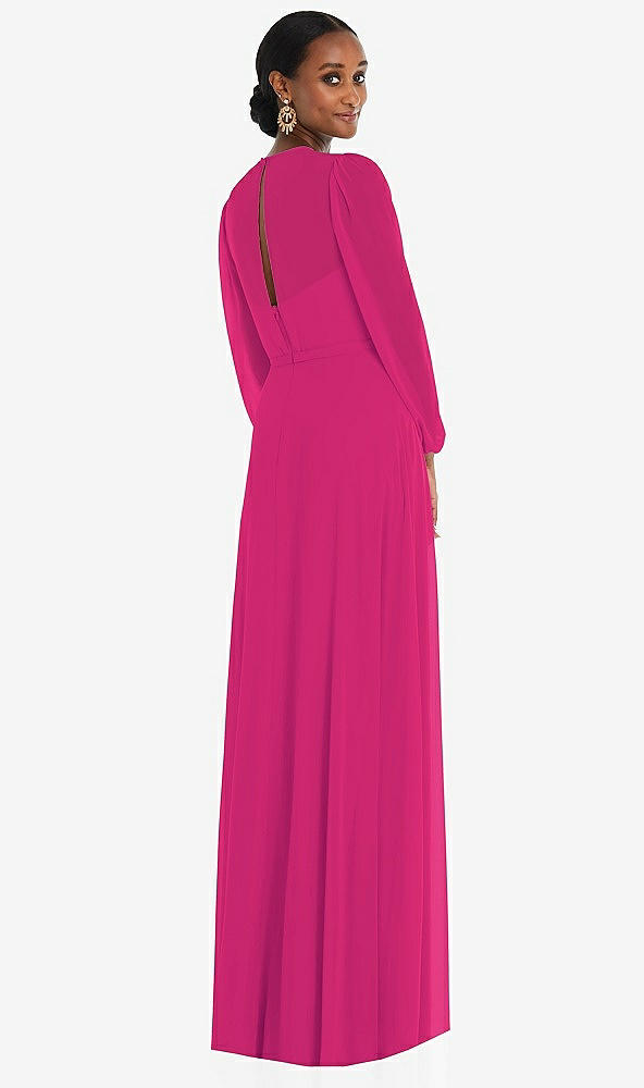 Back View - Think Pink Strapless Chiffon Maxi Dress with Puff Sleeve Blouson Overlay 