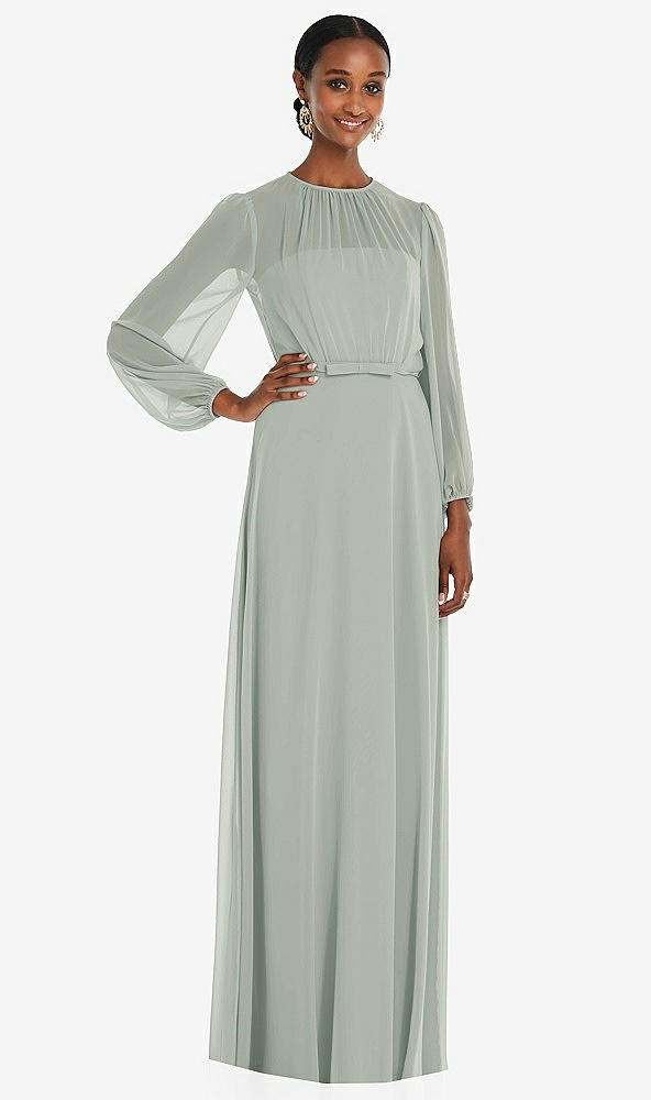 Front View - Willow Green Strapless Chiffon Maxi Dress with Puff Sleeve Blouson Overlay 
