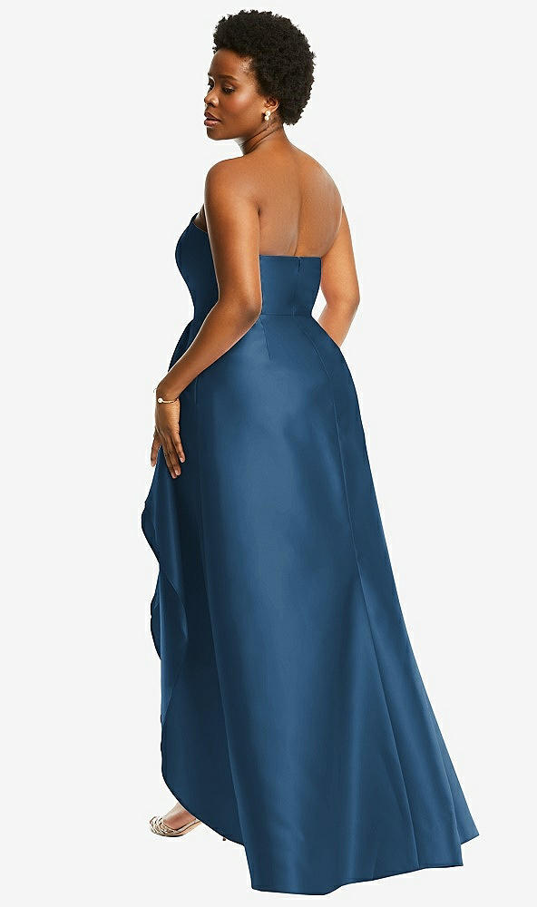 Back View - Dusk Blue Strapless Satin Gown with Draped Front Slit and Pockets