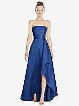 Alt View 1 Thumbnail - Classic Blue Strapless Satin Gown with Draped Front Slit and Pockets