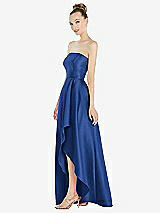 Alt View 2 Thumbnail - Classic Blue Strapless Satin Gown with Draped Front Slit and Pockets