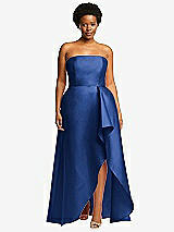 Front View Thumbnail - Classic Blue Strapless Satin Gown with Draped Front Slit and Pockets