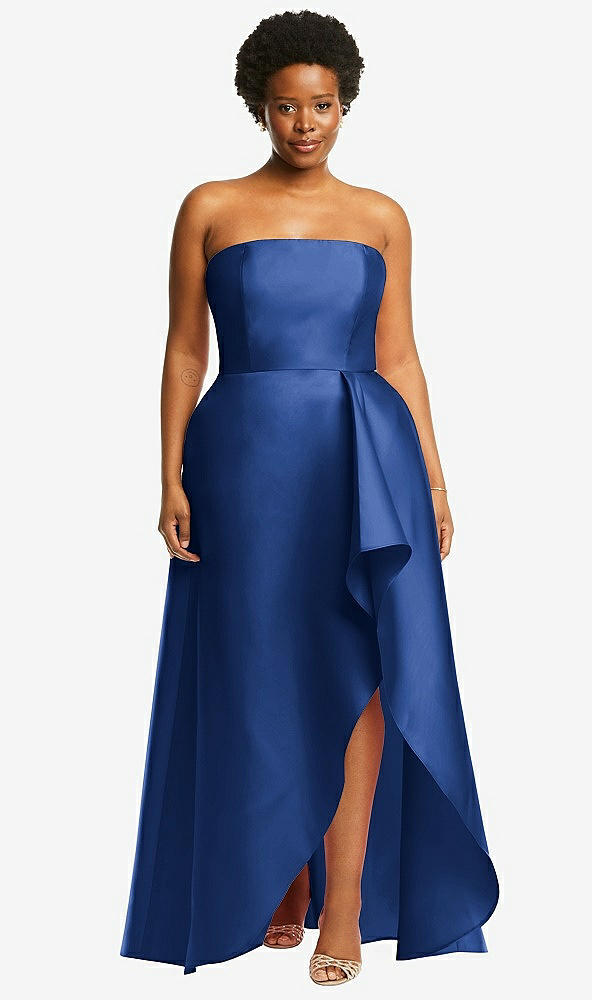 Front View - Classic Blue Strapless Satin Gown with Draped Front Slit and Pockets