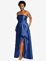 Side View Thumbnail - Classic Blue Strapless Satin Gown with Draped Front Slit and Pockets