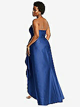 Rear View Thumbnail - Classic Blue Strapless Satin Gown with Draped Front Slit and Pockets