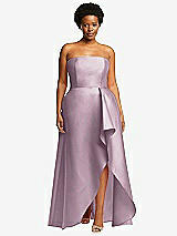 Front View Thumbnail - Suede Rose Strapless Satin Gown with Draped Front Slit and Pockets