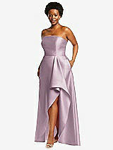 Side View Thumbnail - Suede Rose Strapless Satin Gown with Draped Front Slit and Pockets