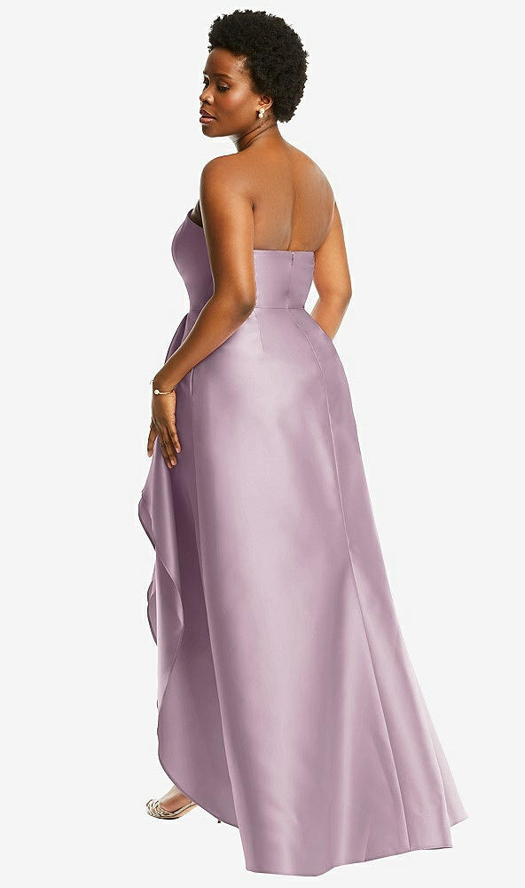 Back View - Suede Rose Strapless Satin Gown with Draped Front Slit and Pockets