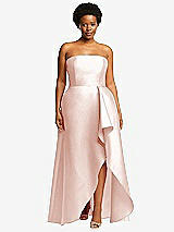 Front View Thumbnail - Blush Strapless Satin Gown with Draped Front Slit and Pockets