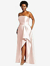 Side View Thumbnail - Blush Strapless Satin Gown with Draped Front Slit and Pockets