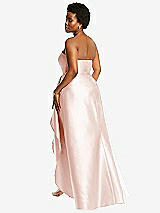 Rear View Thumbnail - Blush Strapless Satin Gown with Draped Front Slit and Pockets