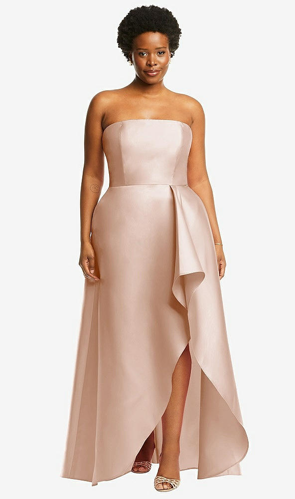 Front View - Cameo Strapless Satin Gown with Draped Front Slit and Pockets