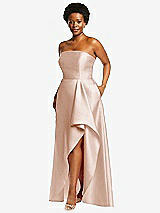 Side View Thumbnail - Cameo Strapless Satin Gown with Draped Front Slit and Pockets