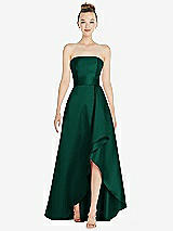 Alt View 1 Thumbnail - Hunter Green Strapless Satin Gown with Draped Front Slit and Pockets