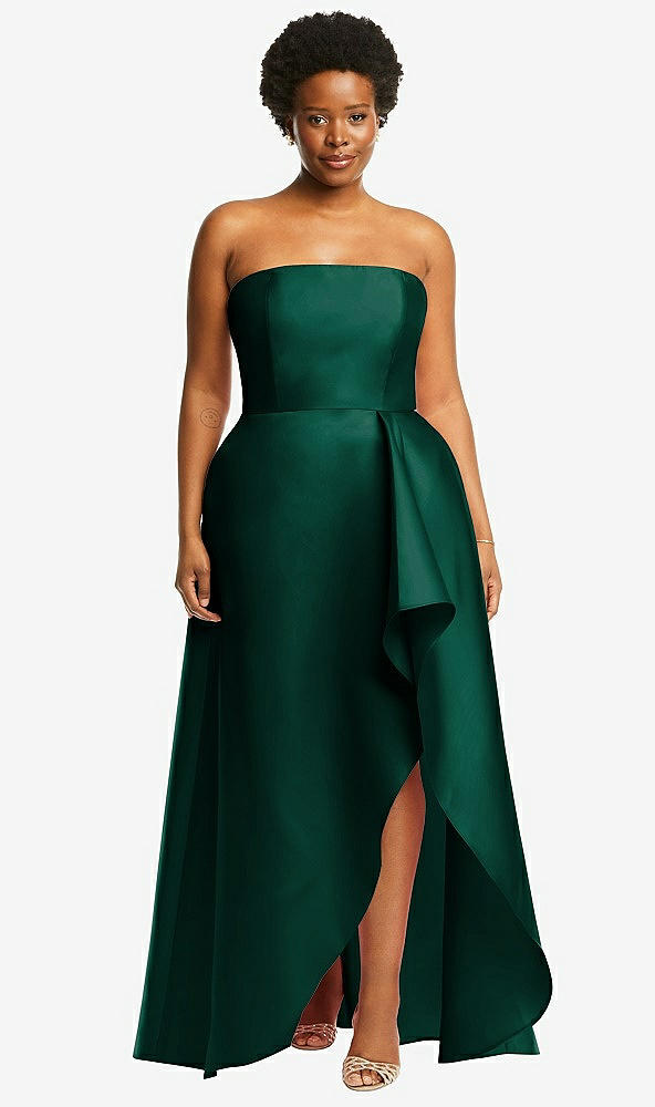 Front View - Hunter Green Strapless Satin Gown with Draped Front Slit and Pockets