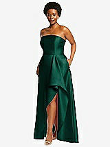 Side View Thumbnail - Hunter Green Strapless Satin Gown with Draped Front Slit and Pockets