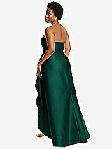 Rear View Thumbnail - Hunter Green Strapless Satin Gown with Draped Front Slit and Pockets