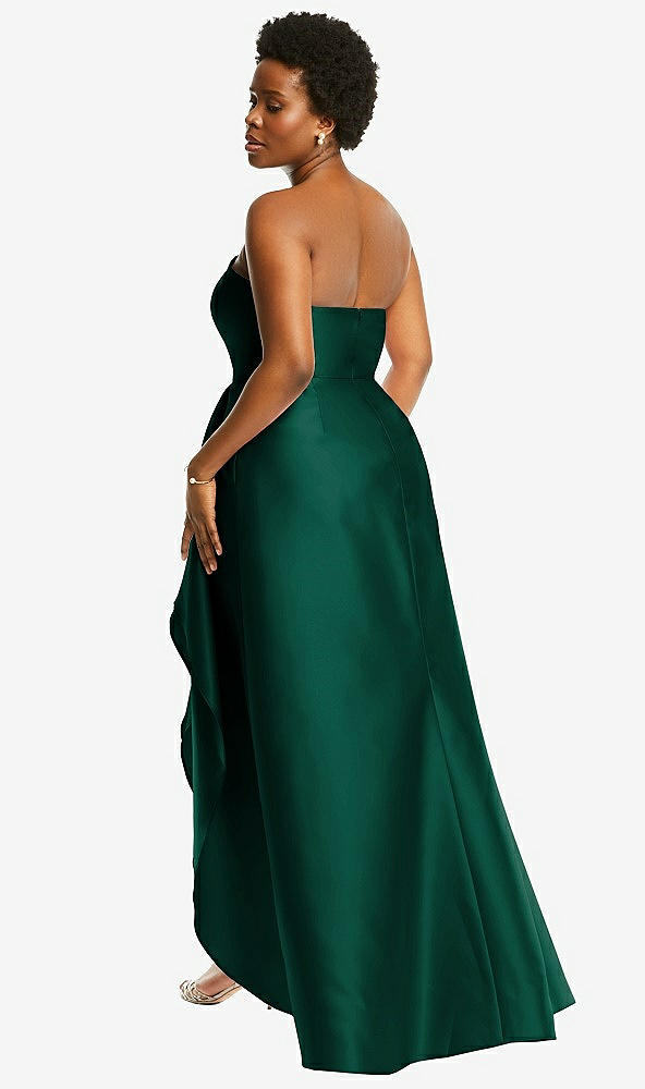 Back View - Hunter Green Strapless Satin Gown with Draped Front Slit and Pockets