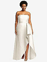 Front View Thumbnail - Ivory Strapless Satin Gown with Draped Front Slit and Pockets
