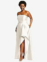 Side View Thumbnail - Ivory Strapless Satin Gown with Draped Front Slit and Pockets