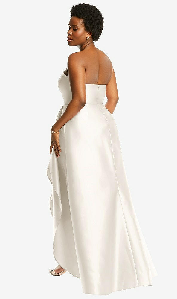 Back View - Ivory Strapless Satin Gown with Draped Front Slit and Pockets