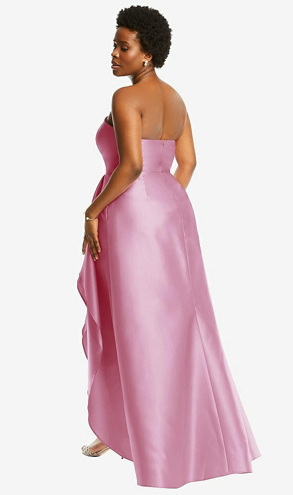 Back View - Powder Pink Strapless Satin Gown with Draped Front Slit and Pockets