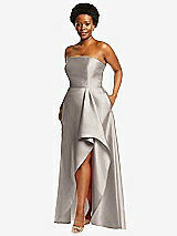 Side View Thumbnail - Taupe Strapless Satin Gown with Draped Front Slit and Pockets