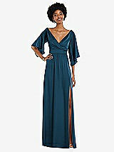 Front View Thumbnail - Atlantic Blue Asymmetric Bell Sleeve Wrap Maxi Dress with Front Slit