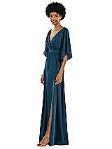 Side View Thumbnail - Atlantic Blue Asymmetric Bell Sleeve Wrap Maxi Dress with Front Slit