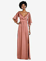 Front View Thumbnail - Desert Rose Asymmetric Bell Sleeve Wrap Maxi Dress with Front Slit