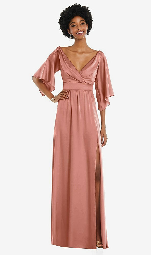 Front View - Desert Rose Asymmetric Bell Sleeve Wrap Maxi Dress with Front Slit