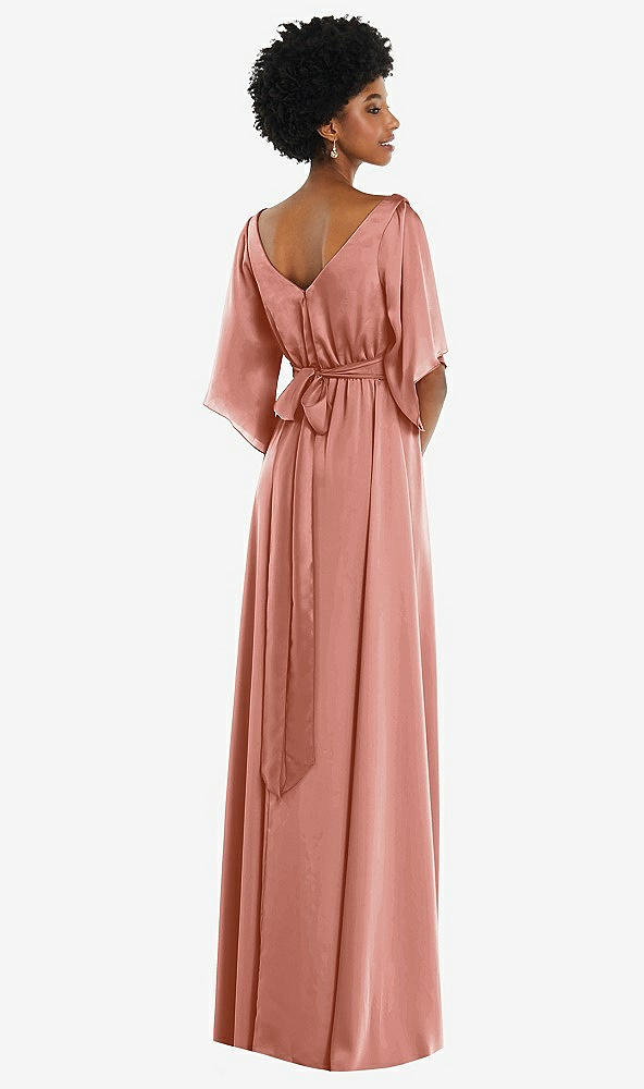 Back View - Desert Rose Asymmetric Bell Sleeve Wrap Maxi Dress with Front Slit