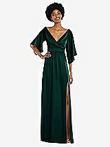 Front View Thumbnail - Evergreen Asymmetric Bell Sleeve Wrap Maxi Dress with Front Slit
